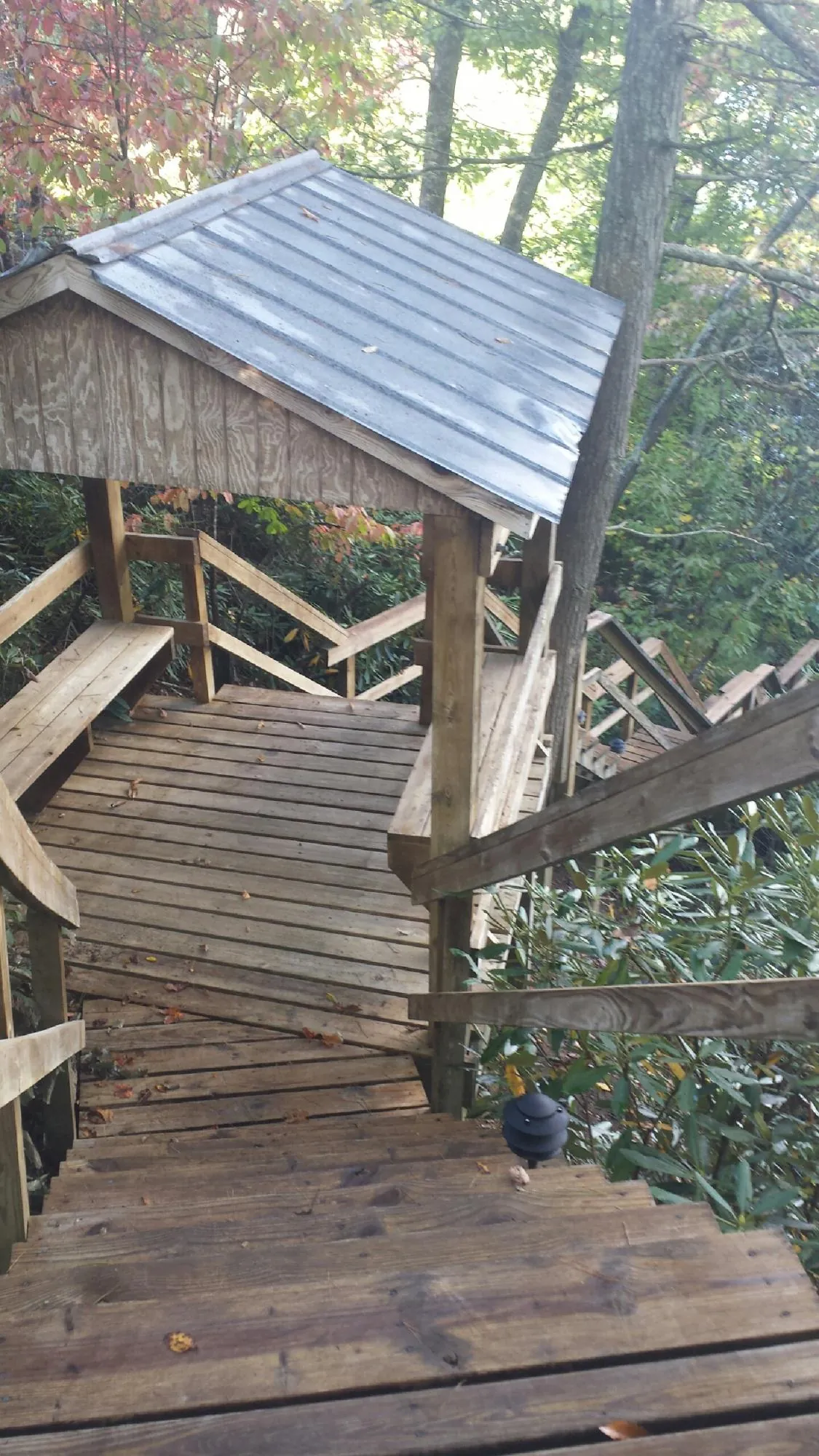 Metal roofed shelter over wooden steps on a wooded walkway — Skylight Repair & Installation work by our crew in Greens Fork